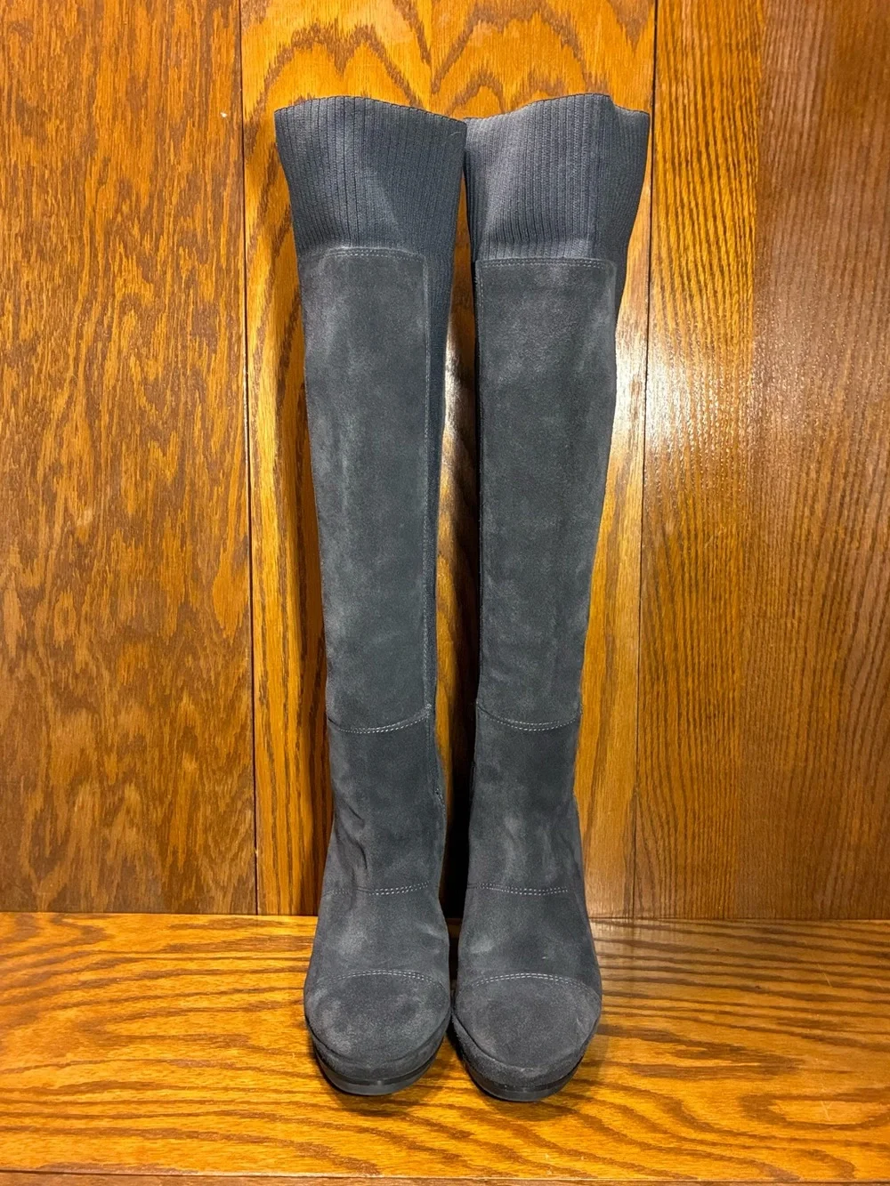 Fergie Convertible Over the Knee Gray Suede Knit Cuff Platform Wedge Boots Sz 8